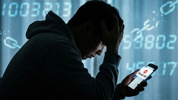 통장 압류로 인해 스마트폰 뱅킹 앱의 오류 메시지를 확인하며 당황하는 채무자