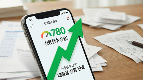 스마트폰 화면에 신용점수가 상승하는 그래프가 보이는 이미지