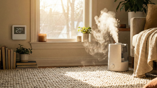 보일러 온도를 조절하며 가습기를 사용하는 거실 모습