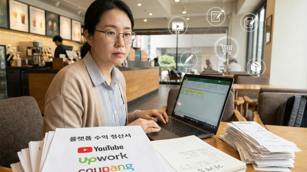 2026년 개인회생 프리랜서 소득 증빙을 위해 정산 내역과 영수증을 정리하는 모습