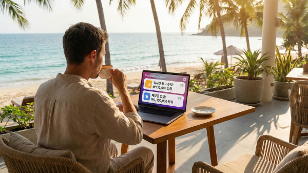해변가 카페에서 노트북으로 자동 수익을 확인하는 디지털 노마드