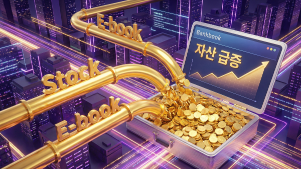 다양한 디지털 소득원이 파이프라인을 통해 통장으로 흐르는 화려한 그래픽