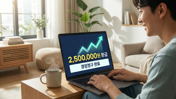 노트북 화면에서 경정청구 단계를 확인하며 기뻐하는 모습