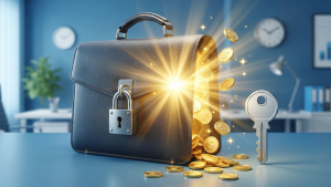 자물쇠가 달린 서류 가방에서 황금색 동전이 나오는 모습