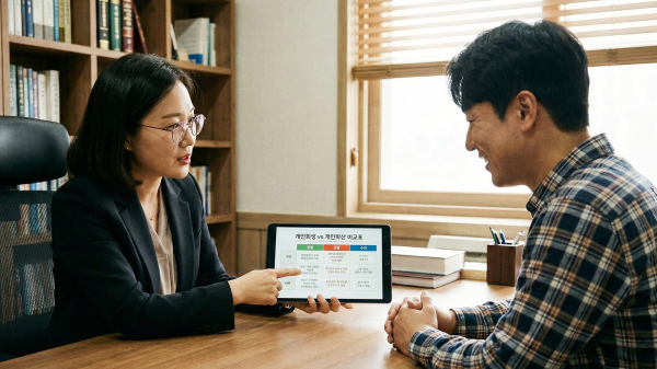 변호사가 개인회생 개인파산 비교 수치와 장단점을 의뢰인에게 설명하는 모습
