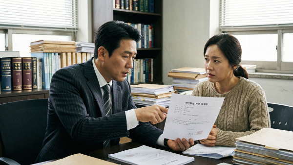 변호사가 의뢰인에게 개인회생 기각 사유가 적힌 서류를 구체적으로 설명하는 모습