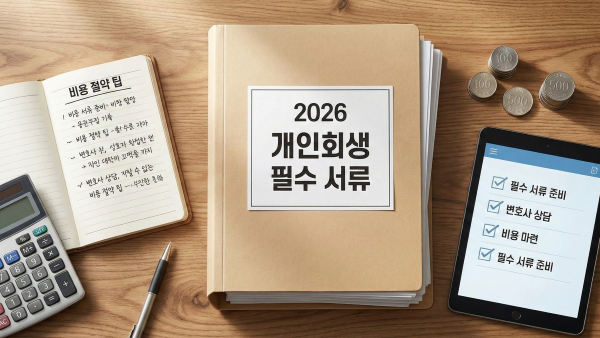 2026년 개인회생 비용 절감 팁과 필수 서류 15종 체크리스트가 준비된 책상 위 실사 이미지