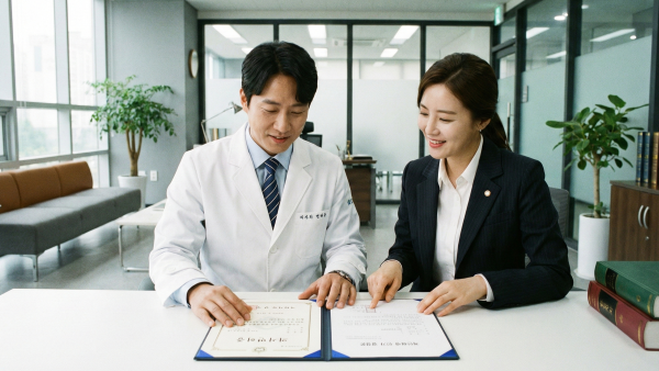 2026년 개인회생 전문직 자격 유지를 위해 법률 서류를 검토하는 의사와 변호사