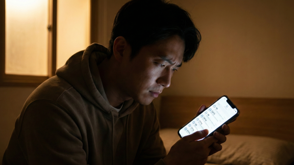 불법 사금융의 위험을 경계하며 개인회생 대출 광고를 확인하는 채무자