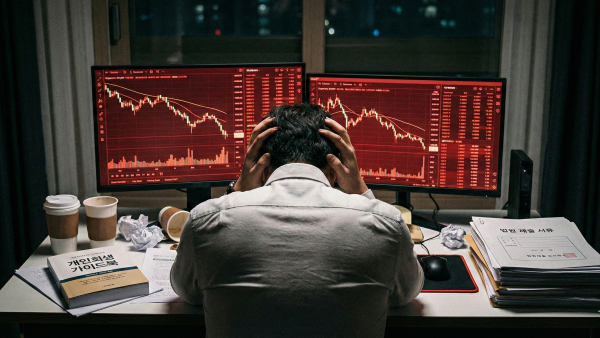 주식 코인 개인회생을 고민하며 가상화폐 손실금으로 인해 절망하고 있는 채무자의 모습