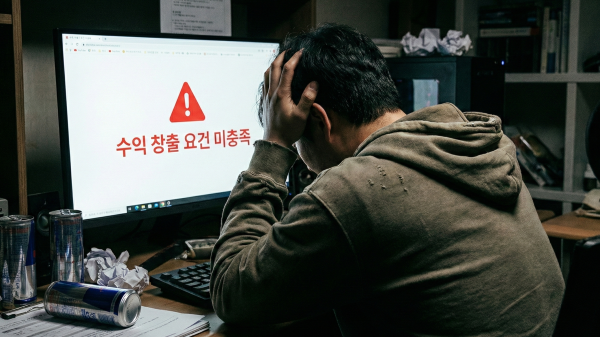 AI 유튜브 수익창출 거절 화면과 고민에 빠진 크리에이터의 모습