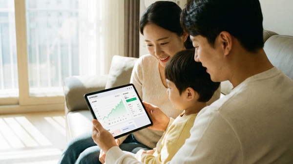 아이와 부모가 함께 스마트폰으로 주식 계좌 현황을 확인하는 모습