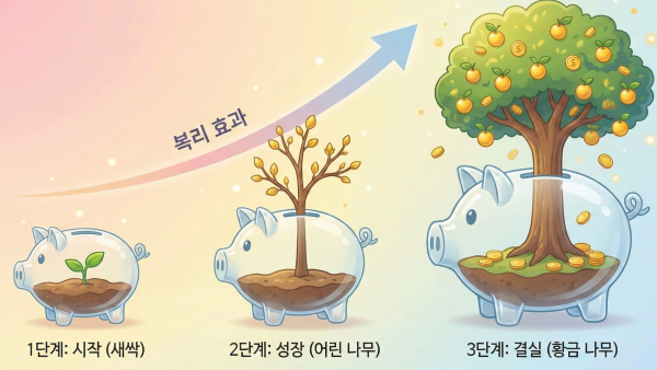 새싹이 자라나서 커다란 돈 나무가 되는 과정을 형상화한 그래픽