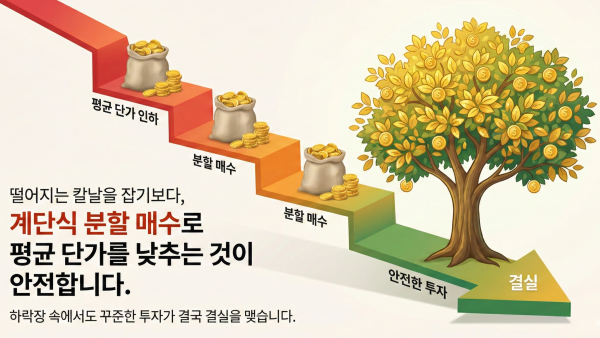 미국 주식 기술주 급락 장세에서 분할 매수 전략을 시각화한 이미지