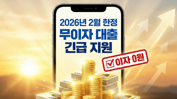 2026 정부지원 무이자 대출 조건을 설명하는 스마트폰 화면과 돈이 쌓이는 이미지