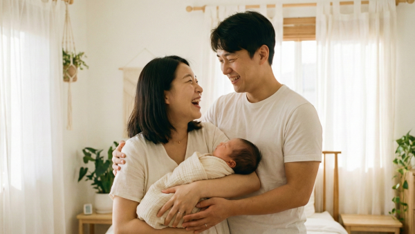 아기를 안고 행복하게 웃고 있는 부모의 모습