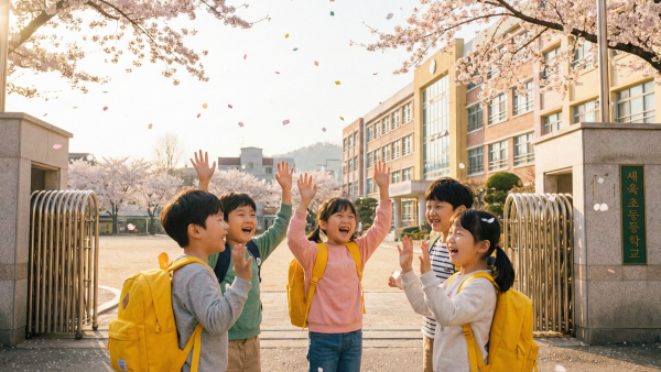 새 가방을 메고 즐겁게 등교하는 초등학생들의 모습