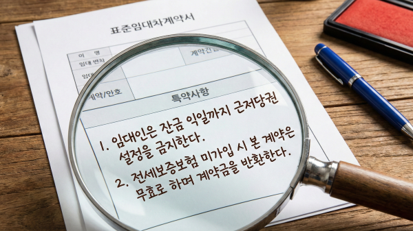 전세 계약서 위를 돋보기가 비추며 위험 요소를 체크하는 모습