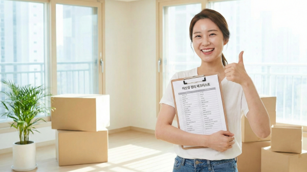 이삿짐 정리를 마치고 환하게 웃으며 체크리스트를 완료하는 모습