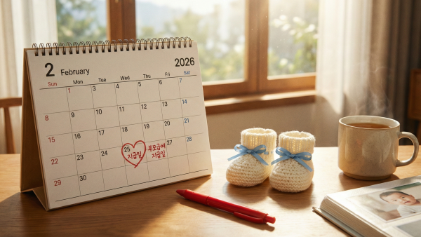 25일에 동그라미가 쳐진 달력과 아기 신발이 놓인 책상 이미지
