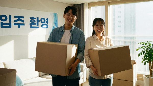 이삿짐 상자를 들고 환하게 웃으며 새집에 들어가는 청년 커플
