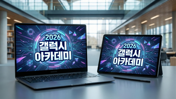갤럭시북과 갤럭시탭이 나란히 놓인 삼성 갤럭시 아카데미 홍보 이미지