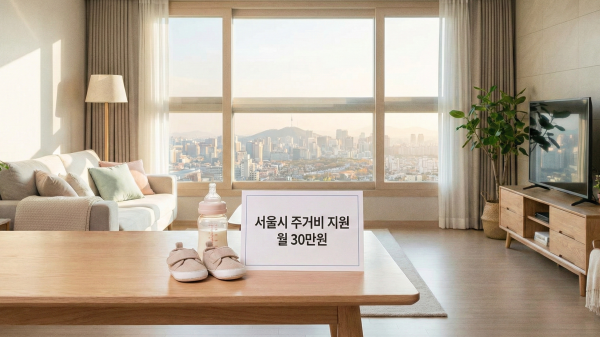 서울시 무주택 출산가구 주거비 지원 안내장과 아기 용품이 놓인 아늑한 거실