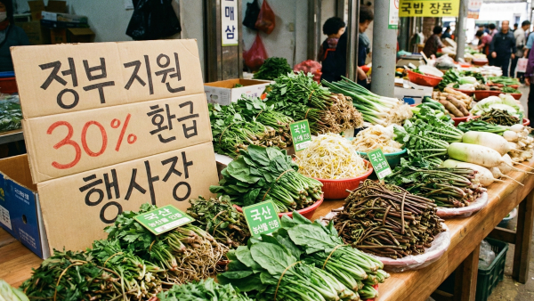 전통시장에 걸린 국산 농수산물 인증 마크와 할인 안내문