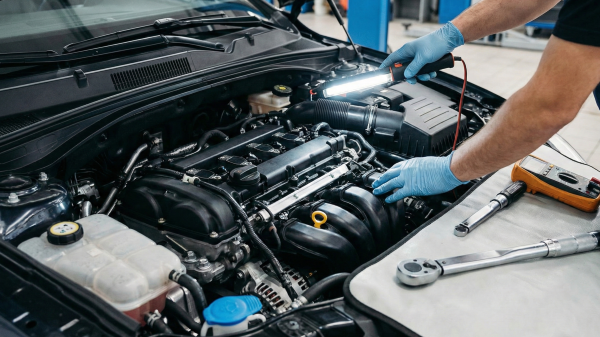 엔진룸을 열어 중고차 저렴하게 사는 법의 실전 점검을 하는 전문가의 손