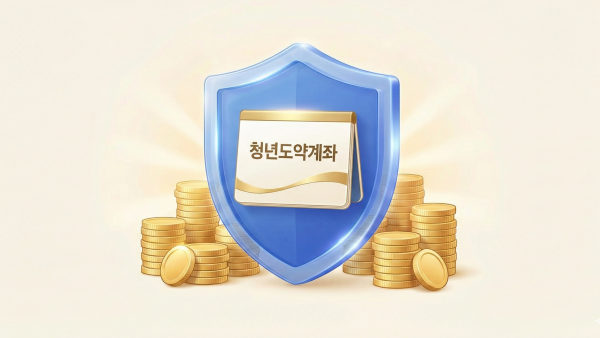 청년도약계좌 로고 주위로 방패가 감싸고 있고 황금 동전이 쌓여 있는 모습